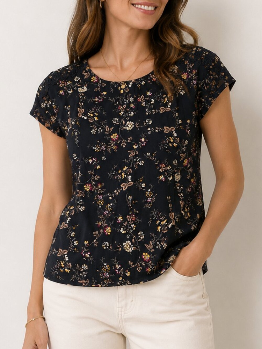 Ricki's Floral Blouse Women's Small Black Lace Shoulder Short Sleeve Top